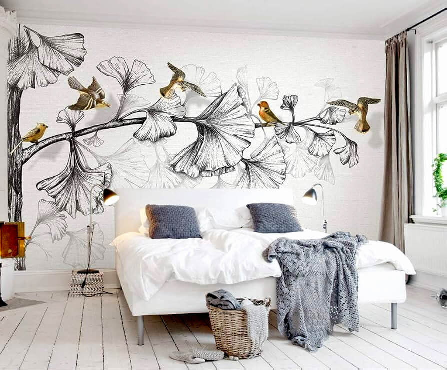 Charcoal Floral Wall Print in Bedroom